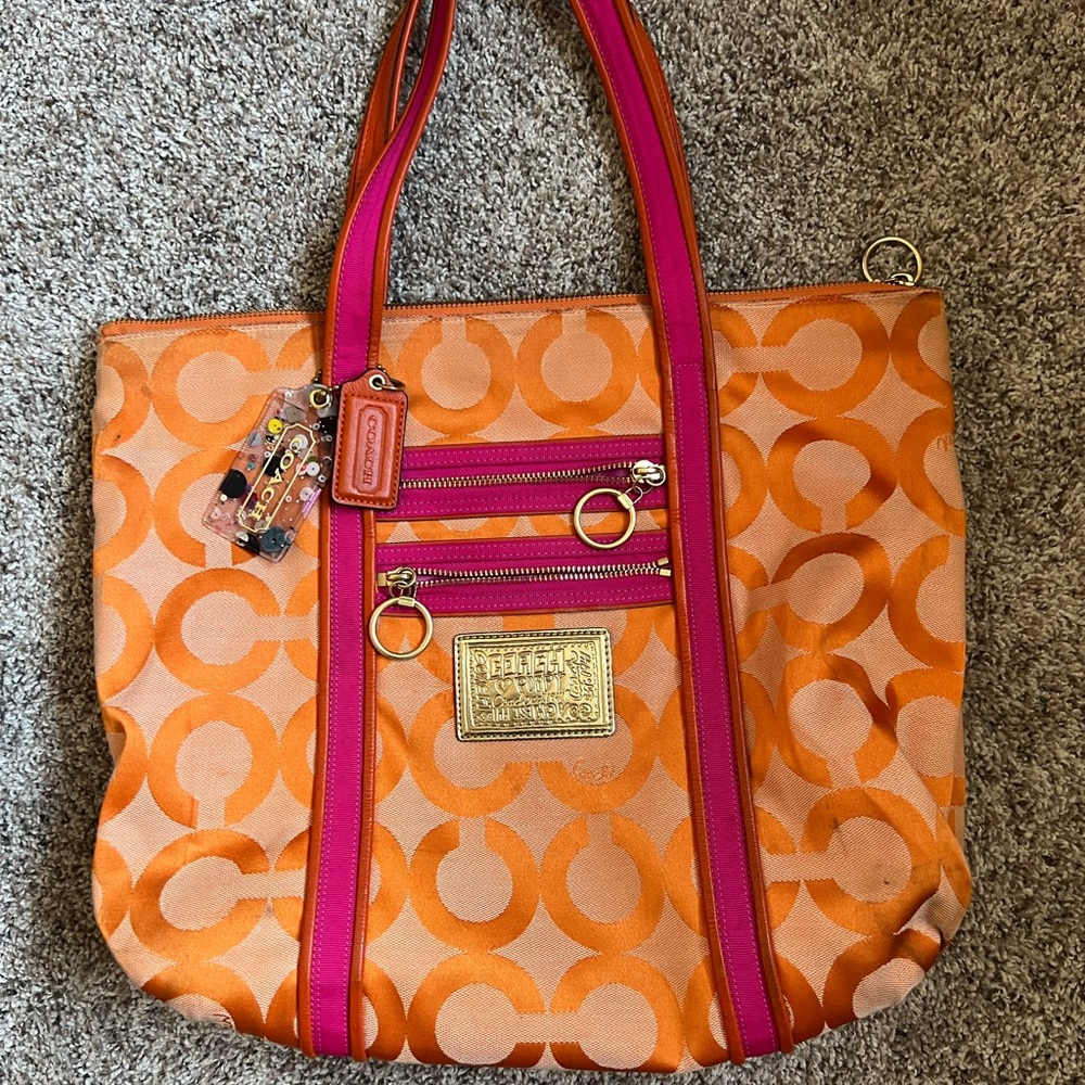 Coach Poppy OP Art Signature Jacquard Leather Orange/pink Shoulder